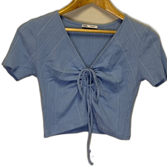 Zara Light Blue Ribbed V-Neck Short Sleeve Crop Top with Front Tie Detail Size L - Picture 2 of 8